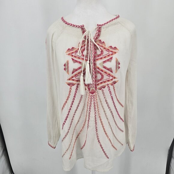 SUNDANCE Lotus Floral Embroidered Tunic Top Long Sleeve Sheer Boho Size Medium - Picture 1 of 9